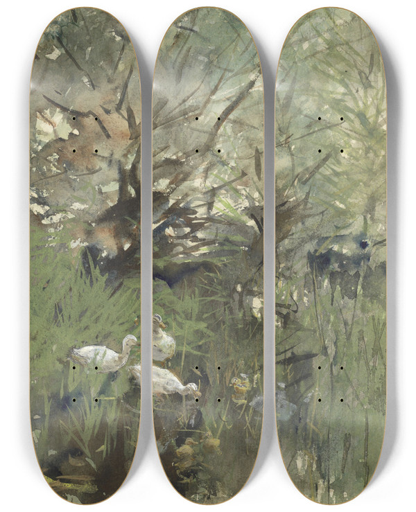 Triptych art skateboard deck of Willem Maris Eenden Onder Wilgen by Willem Maris (1844-1910)