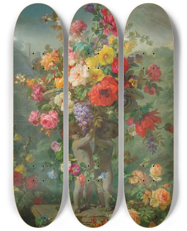 Triptych art skateboard deck of Marius Vasselon Roses Poppies Hollyhocks Pansies And Wisteria In A Stone Urn Supported By Putti On A Plinth by Marius Vasselon (1841-1924)