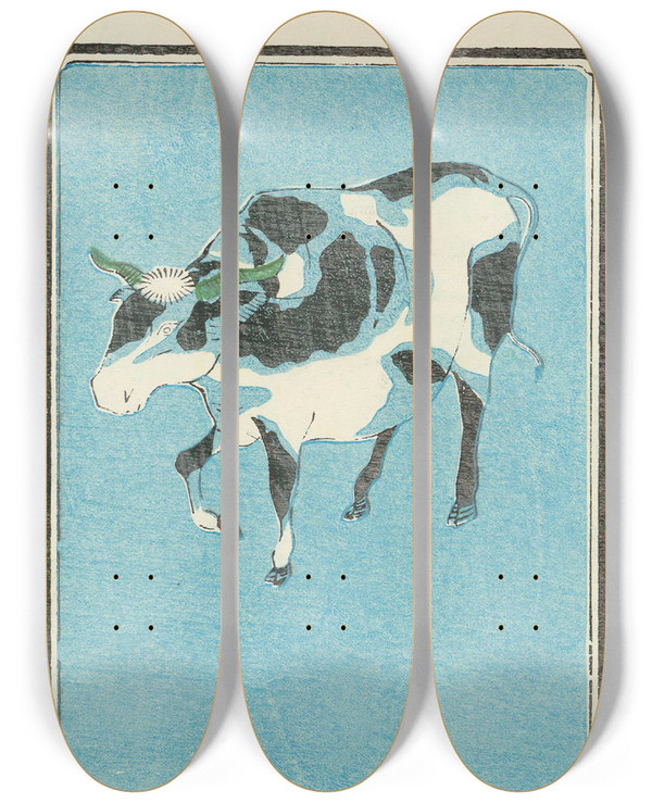 Triptych art skateboard deck of Jinta Hirayama Illustrated Catalogue Of Daylight Bomb Shells No 59 by Jinta Hirayama (19-)