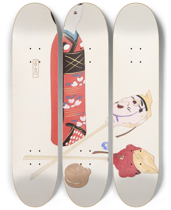Triptych art skateboard deck of Kawasaki Kyosen Kyosens Collected Illustrations Of Japanese Toys Pl053 by Kawasaki Kyosen (1877-1942)