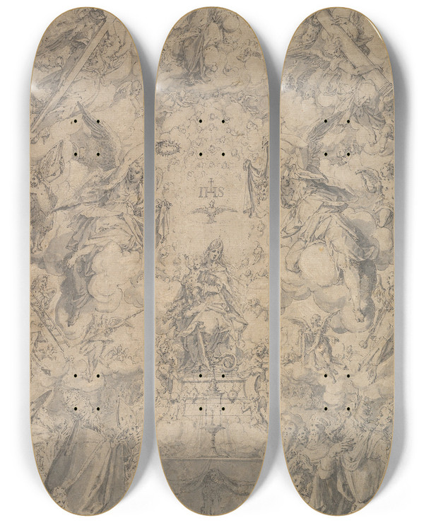 Triptych art skateboard deck of Friedrich Sustris The Adoration Of The Holy Trinity In The New Covenant by Friedrich Sustris (1540-1599)
