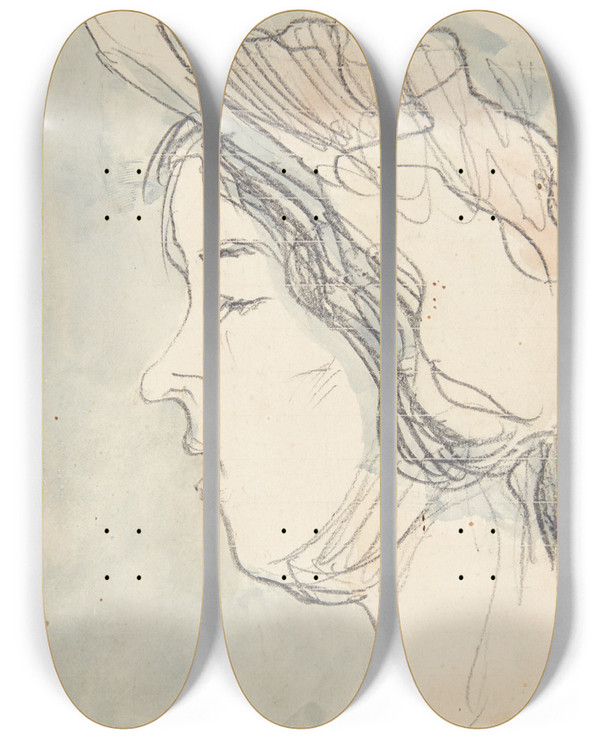Triptych art skateboard deck of Harald Giersing Ung Pige Med Hat Profil Tv by Harald Giersing (1881-1927)