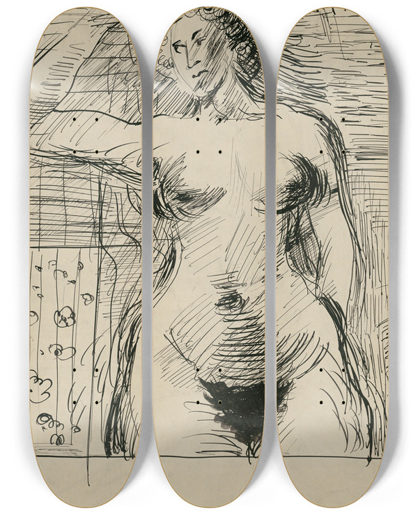 Triptych art skateboard deck of Cyprin Majernk Female Nude by Cyprian Majernik (1909-1945)