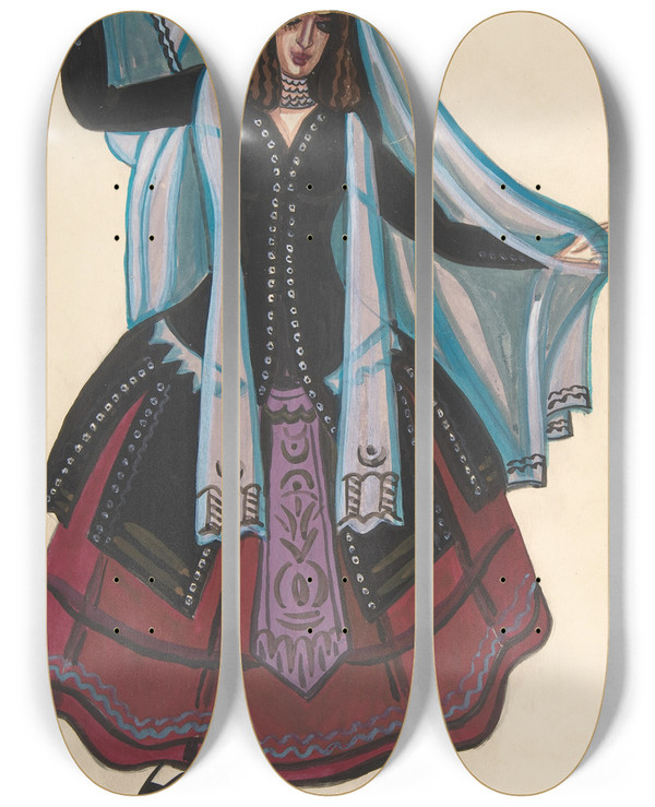 Triptych art skateboard deck of Sergey Yurievich Sudeikin Woman In Arabic Costume by Sergey Yurievich Sudeikin (1882-1946)