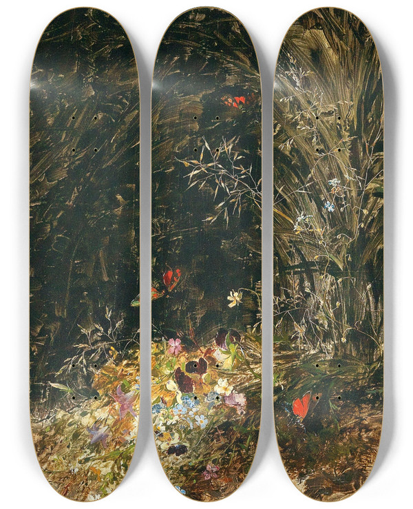 Triptych art skateboard deck of Olga Wisingerflorian A Bouquet Of Wildflowers by Olga Wisinger-Florian (1844-1926)