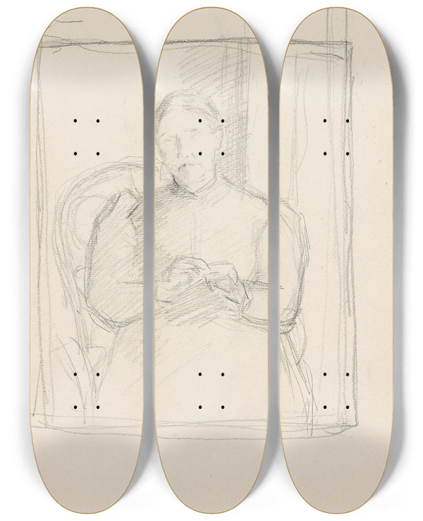 Triptych art skateboard deck of Signe Scheel My Mother Knitting by Signe Scheel (1860-1942)