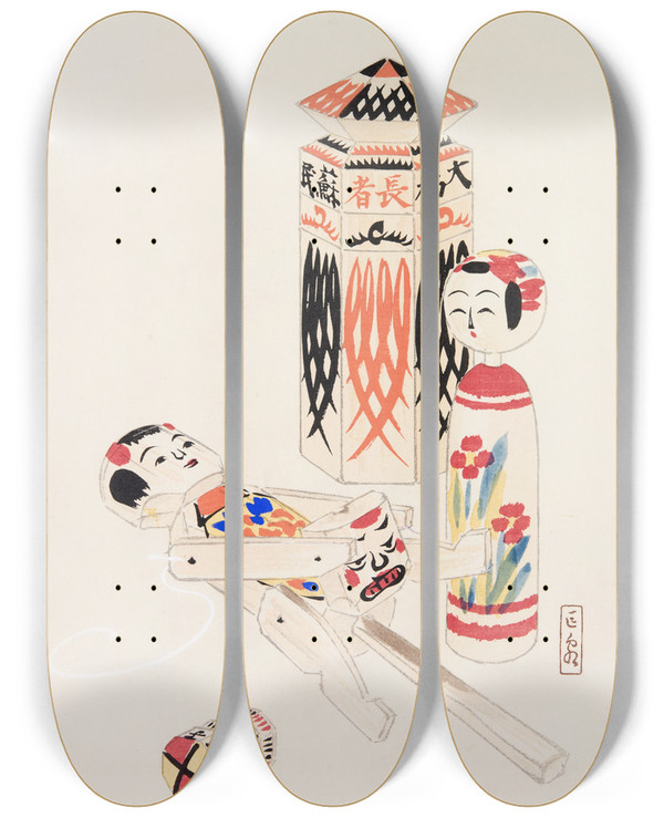 Triptych art skateboard deck of Kawasaki Kyosen Kyosens Collected Illustrations Of Japanese Toys Pl013 by Kawasaki Kyosen (1877-1942)