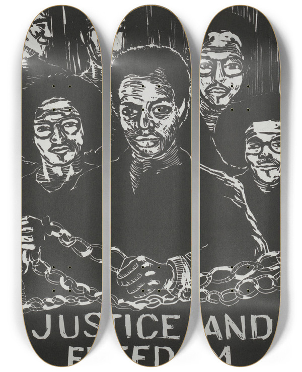 Triptych art skateboard deck of Rachael Romero Justice And Freedom For The San Quentin Six by Rachael Romero (1953)