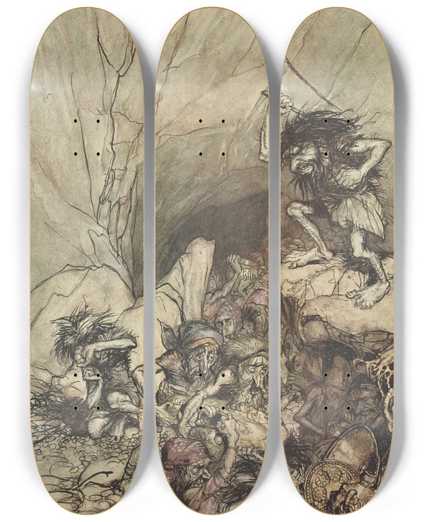Triptych art skateboard deck of Arthur Rackham Alberich Drives In A Band Of Niblungs Laden With Gold And Silver Treasure by Arthur Rackham (1867-1939)