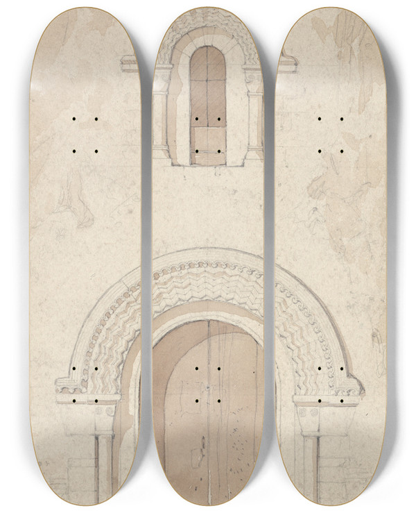 Triptych art skateboard deck of John Sell Cotman West Doorway And Window In The Church Of Ham Near Valognes Normandy by John Sell Cotman (1782-1842)