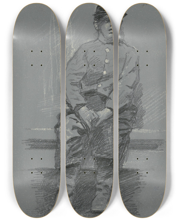 Triptych art skateboard deck of Robert William Vonnoh The Cadet by Robert William Vonnoh (1858-1933)