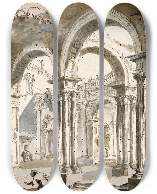 Triptych art skateboard deck of Francesco Guardi A Colonnade Partly Ruined With Figures by Francesco Guardi (1712-1793)
