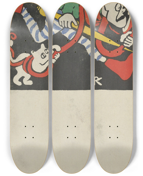 Triptych art skateboard deck of Rudolf Kalvach Humorous Subject_5 by Rudolf Kalvach (1883-1932)