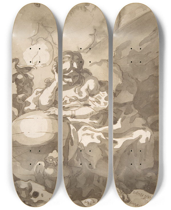 Triptych art skateboard deck of Charles De La Traverse Allegorical Figure Of Melancholy by Charles De La Traverse (1726-1787)