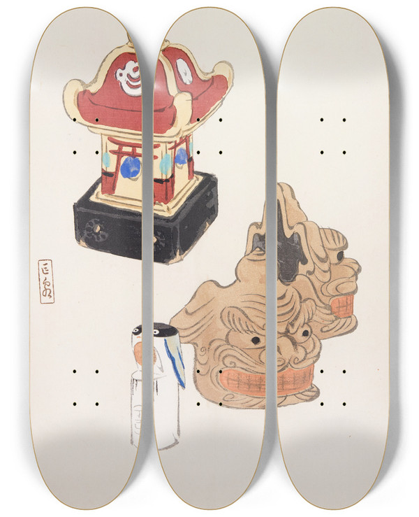Triptych art skateboard deck of Kawasaki Kyosen Kyosens Collected Illustrations Of Japanese Toys Pl038 by Kawasaki Kyosen (1877-1942)