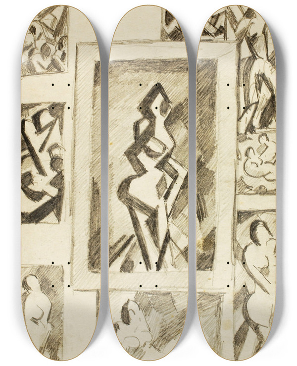 Triptych art skateboard deck of Carl Newman Group Of Abstract Nudes by Carl Newman (1858-1932)