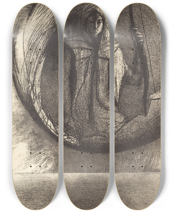 Triptych art skateboard deck of Odilon Redon Et Labas Lidole Astrale Lapotheose And Beyond The Star Idol The Apotheosis by Odilon Redon (1840-1916)