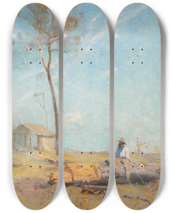 Triptych art skateboard deck of Arthur Streeton The Selectors Hut Whelan On The Log by Arthur Streeton (1867-1943)