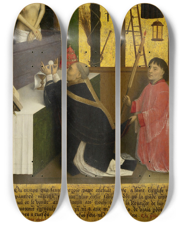 Triptych art skateboard deck of Simon Marmion The Mass Of St Gregory by Simon Marmion (1425-1489)