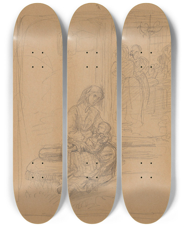 Triptych art skateboard deck of Adolph Tidemand Mor Med Barn P Fanget by Adolph Tidemand (1814-1876)