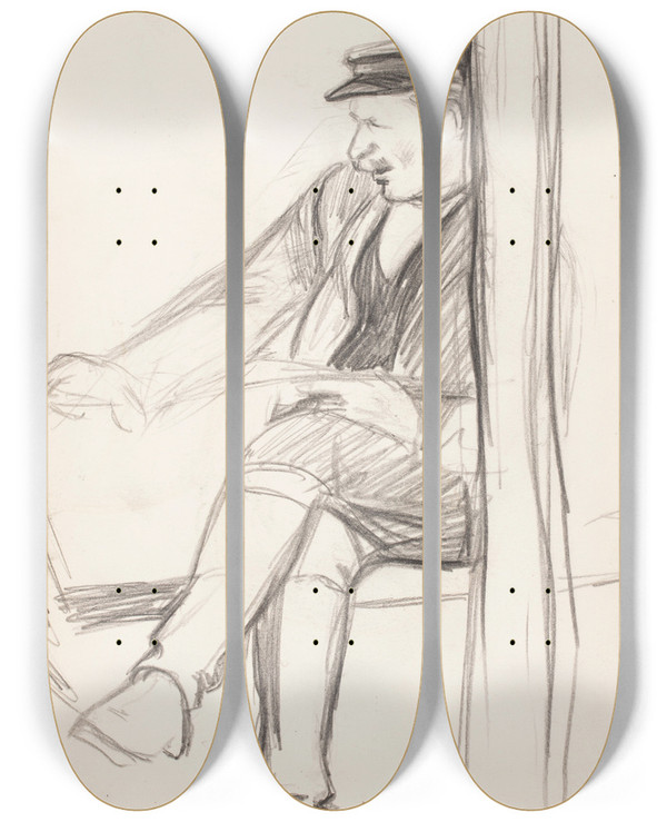 Triptych art skateboard deck of Magnus Enckell Istuva Mies Lakki Pss Luonnos by Magnus Enckell (1870-1925)