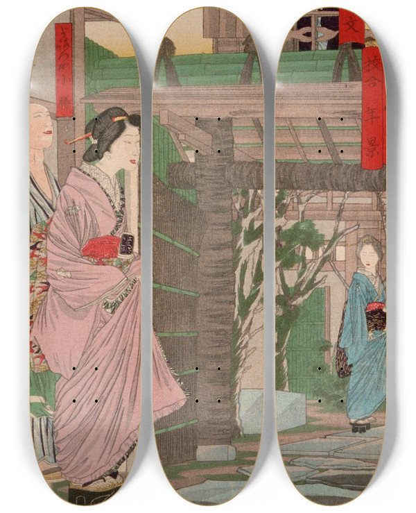 Triptych art skateboard deck of Tsukioka Yoshitoshi Izumibun Restaurant At Minami Nabech by Tsukioka Yoshitoshi (1839-1892)