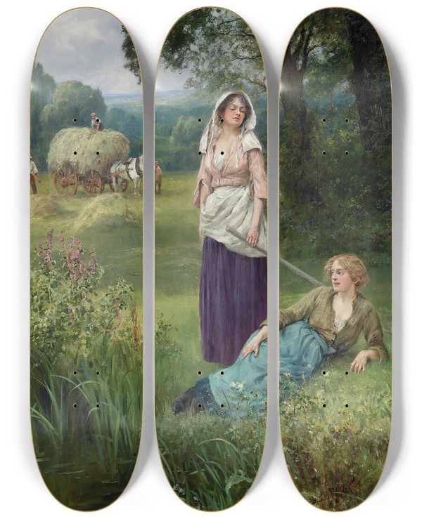 Triptych art skateboard deck of Henry John Yeend King Haymaking by Henry John Yeend King (1855-1924)