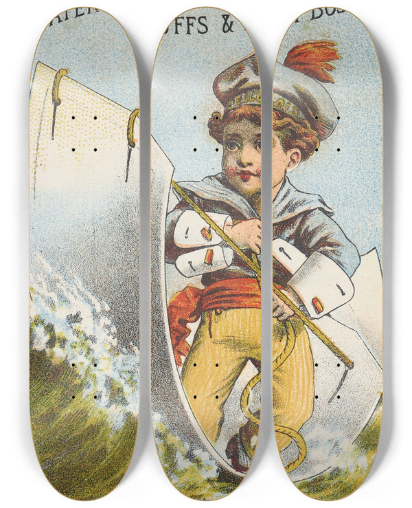 Triptych art skateboard deck of Donaldson Brothers Celluloid Waterproof Collars Cuffs And Shirt Bosoms_1 by Donaldson Brothers