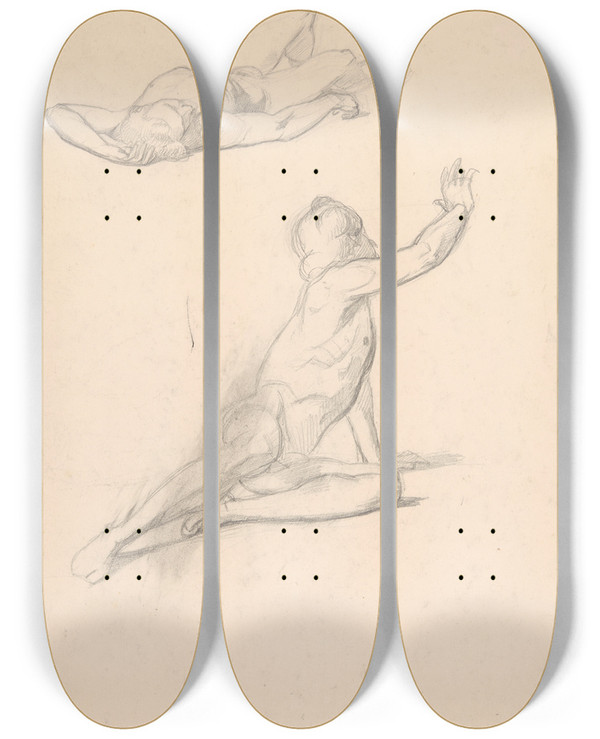 Triptych art skateboard deck of Jzef Simmler Sketches Of Two Nude Males_2 by Jozef Simmler (1823-1868)