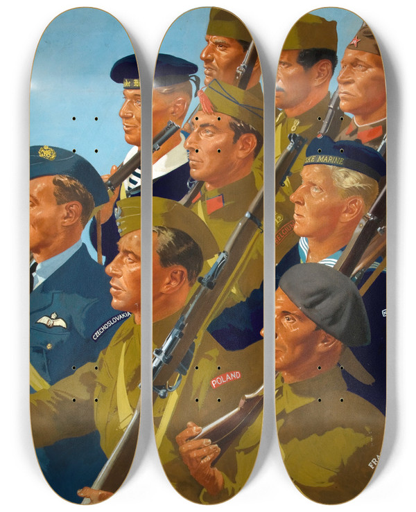 Triptych art skateboard deck of William Little Allied European Servicemen Marching Together by William Little (20-)