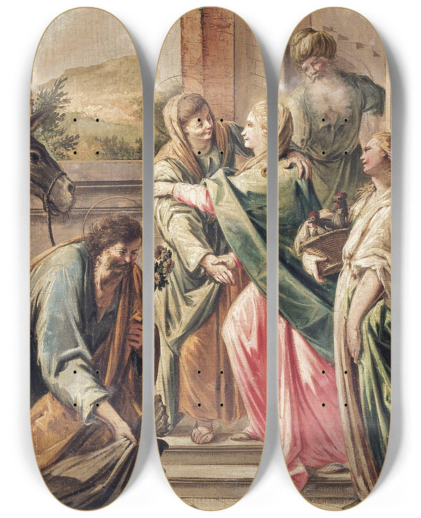 Triptych art skateboard deck of Francesc Pla Duran Visitation by Francesc Pla Duran (1743-1805)