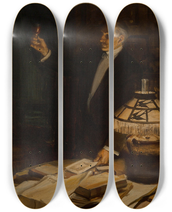 Triptych art skateboard deck of William Henry Dethlef Koerner A Toast To You by William Henry Dethlef Koerner (1878-1938)