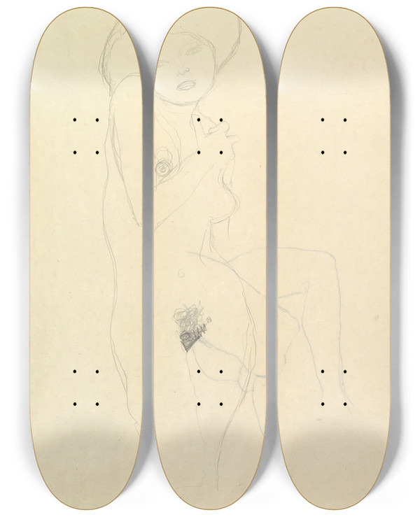 Triptych art skateboard deck of Gustav Klimt Standing Nude by Gustav Klimt (1862-1918)