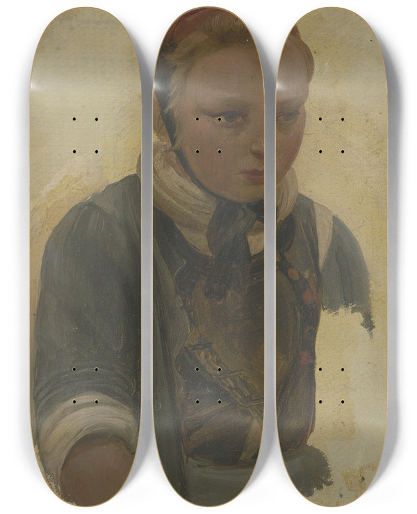 Triptych art skateboard deck of Jakob Becker Brustbild Eines Kleinen Bauernmdchens by Jakob Becker (1810-1872)