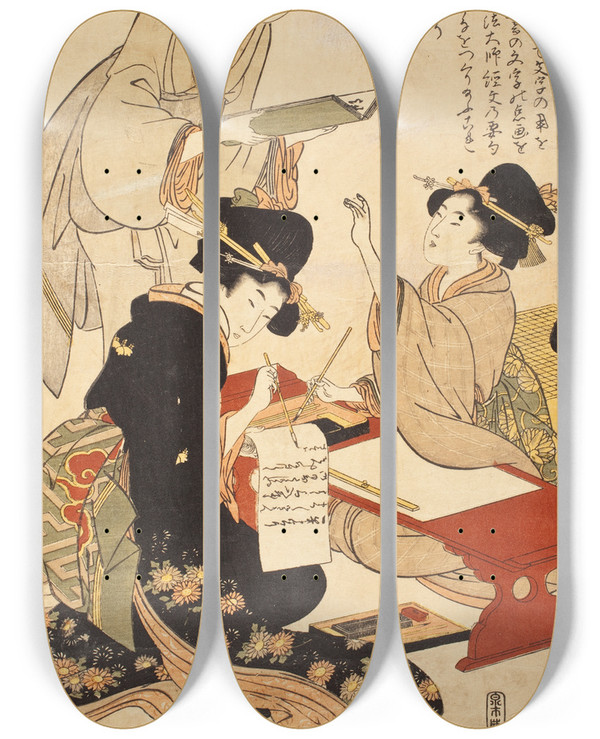 Triptych art skateboard deck of Kitagawa Utamaro The Calligraphy Lesson by Kitagawa Utamaro (1753-1806)