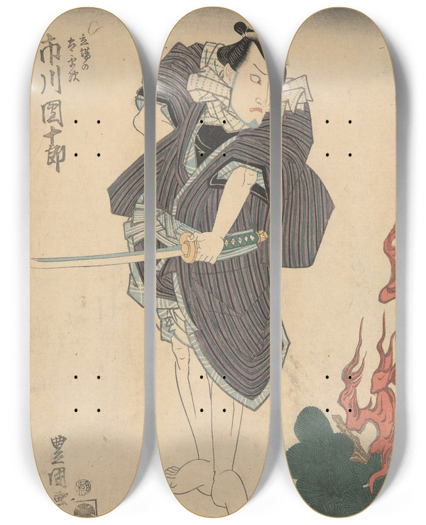 Triptych art skateboard deck of Toyokuni Utagawa Actor With Striped Robe And Sword by Toyokuni Utagawa (1769-1825)