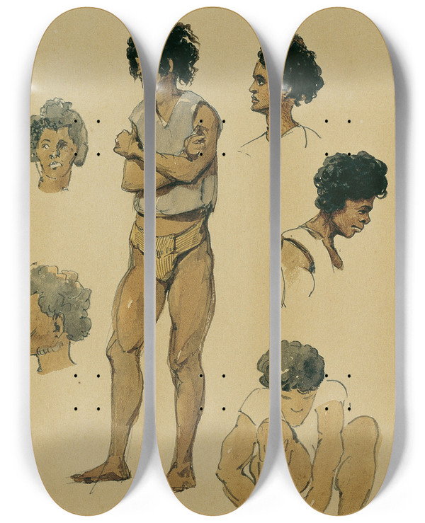 Triptych art skateboard deck of Joseph Selleny Eingeborene Der Stewart Island Stewartinsel_2 by Joseph Selleny (1824-1875)