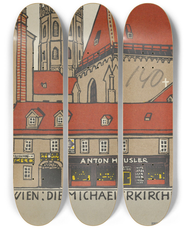 Triptych art skateboard deck of Urban Janke Wien Die Michaelerkirche by Urban Janke (1887-1914)