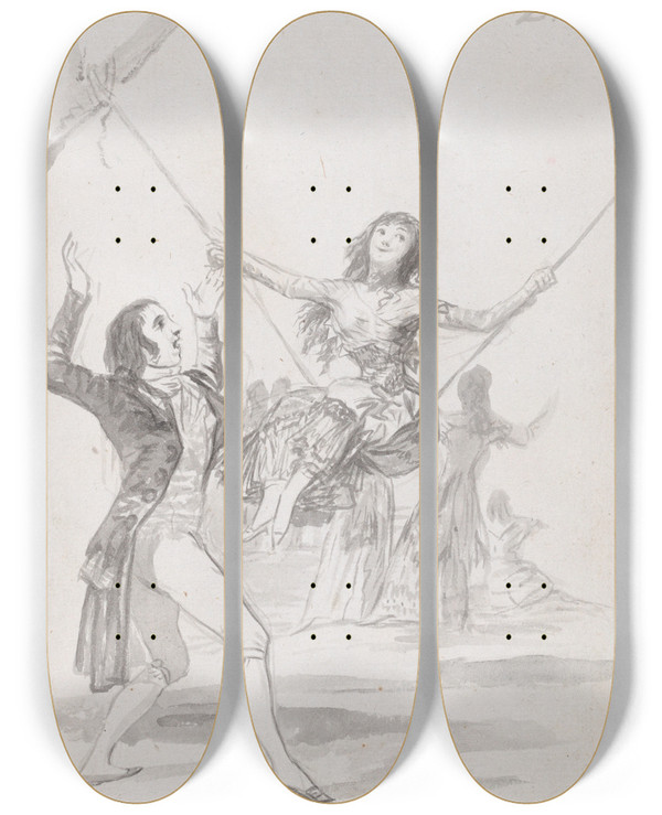 Triptych art skateboard deck of Francisco De Goya Girl On A Swing A Man With His Arms Raised by Francisco de Goya (1746-1828)