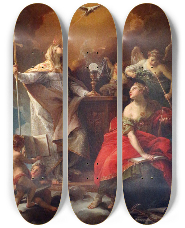 Triptych art skateboard deck of Pompeo Batoni Allegory Of Religion by Pompeo Batoni (1708-1787)