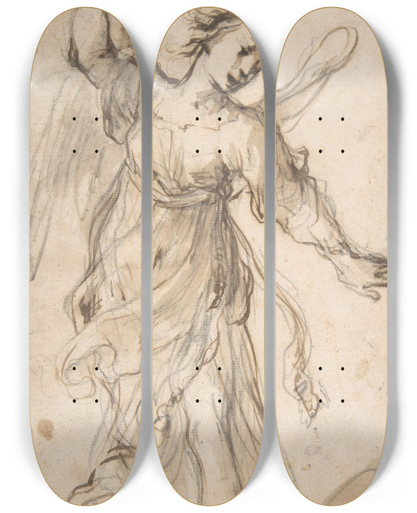 Triptych art skateboard deck of Ferra Fenzoni Standing Angel Brandishing A Sword by Ferrau Fenzoni (1562-1645)