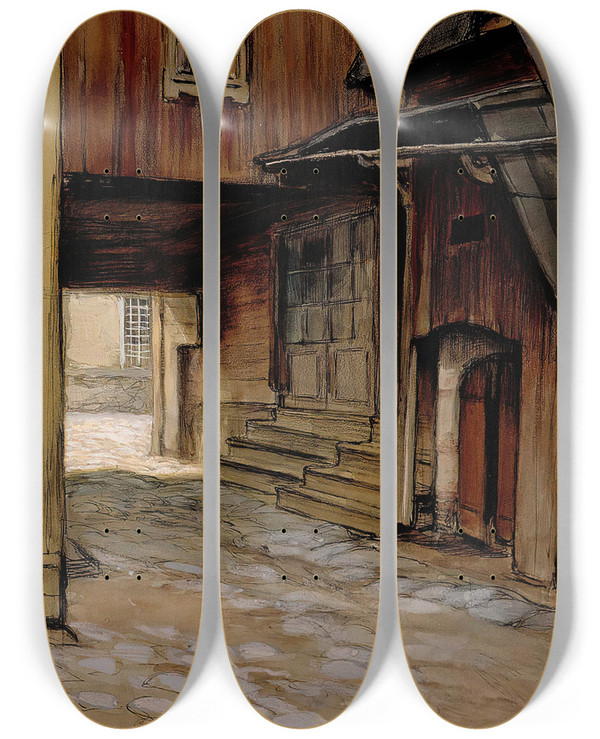 Triptych art skateboard deck of Albert Edelfelt House In Porvoo by Albert Edelfelt (1854-1905)
