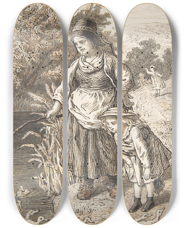 Triptych art skateboard deck of Lorenz Frlich Woman And Child By A Duck Pond by Lorenz Frolich (1820-1908)