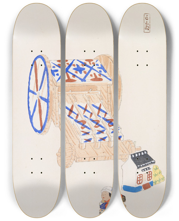 Triptych art skateboard deck of Kawasaki Kyosen Kyosens Collected Illustrations Of Japanese Toys Pl023 by Kawasaki Kyosen (1877-1942)
