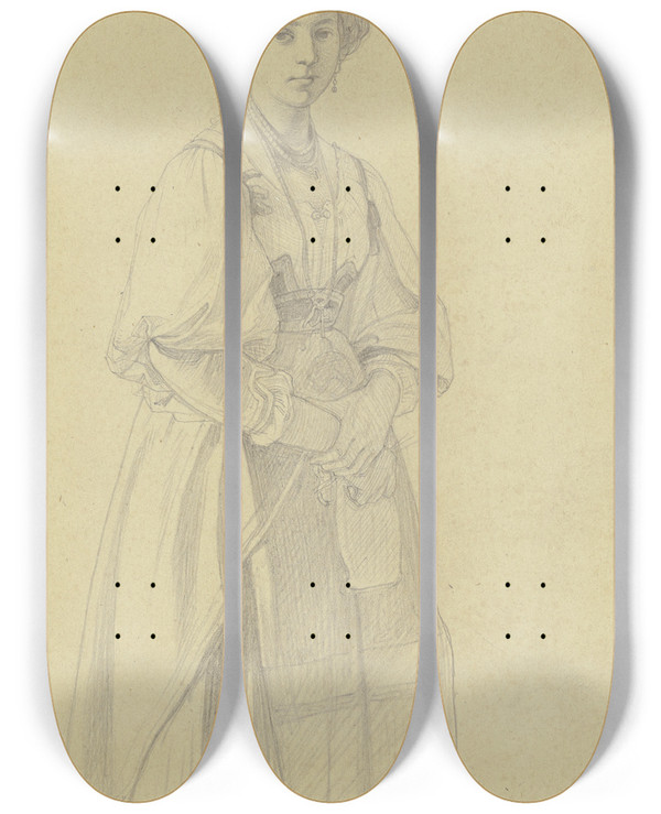 Triptych art skateboard deck of Julius Hamel Young Italian Woman by Julius Hamel (1834-1907)