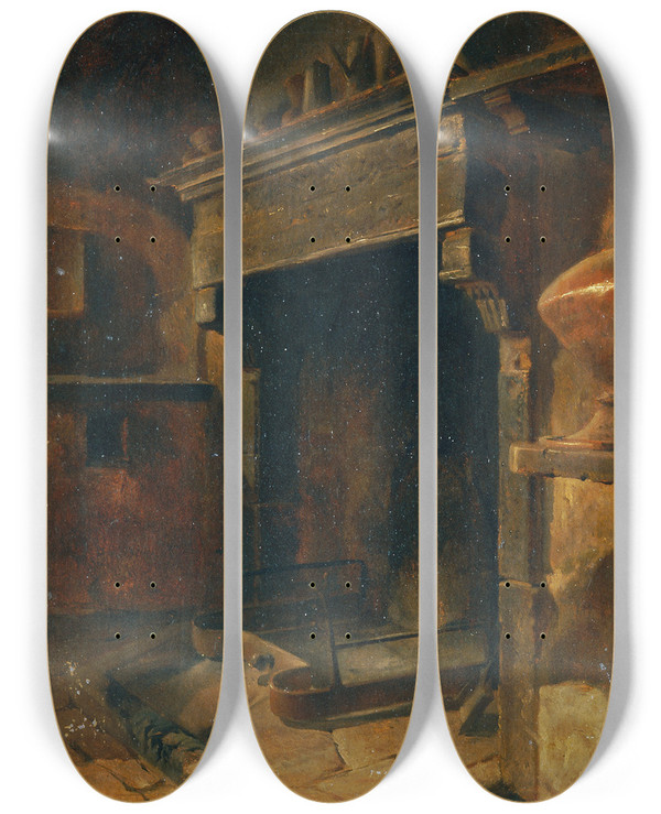 Triptych art skateboard deck of Johann Till The Younger Interieur Mit Kamin by Johann Till the younger (1827-1894)