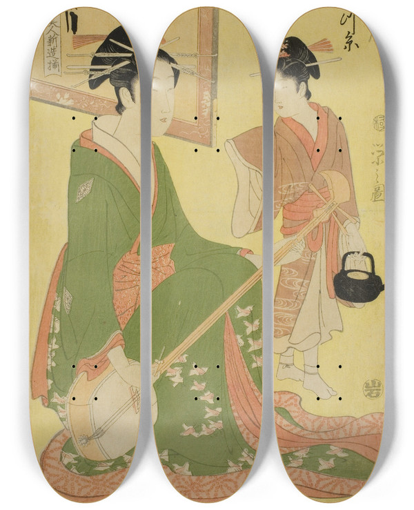 Triptych art skateboard deck of Chbunsai Eishi Beauties Parodying The Seven Sages A Selection Of Younger Courtesans Shichi Kenjin Yatsushi Bijin Shinzo Zoroe Mitsuito Of The Hyogoya by Chobunsai Eishi (1756-1829)