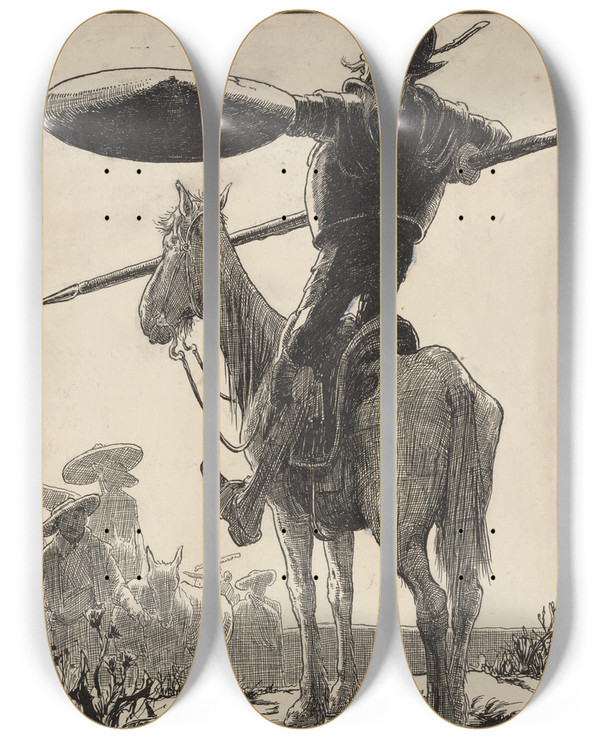 Triptych art skateboard deck of William Heath Robinson Donquixote by William Heath Robinson (1872-1944)