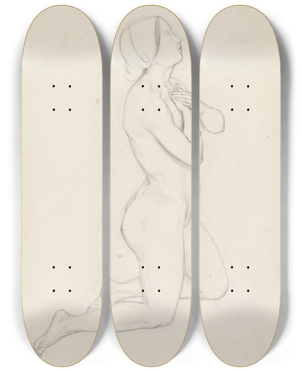 Triptych art skateboard deck of Adolph Tidemand Knelende Kvinneakt_1 by Adolph Tidemand (1814-1876)