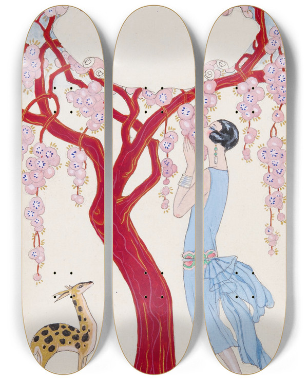 Triptych art skateboard deck of George Barbier Femme Faon Et Arbre Rouge by George Barbier (1882-1932)